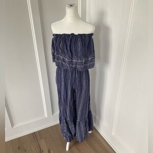 Japna Womens Floral Paisley Strapless Bohemian Peasant Wide Leg Jumpsuit Sz Med